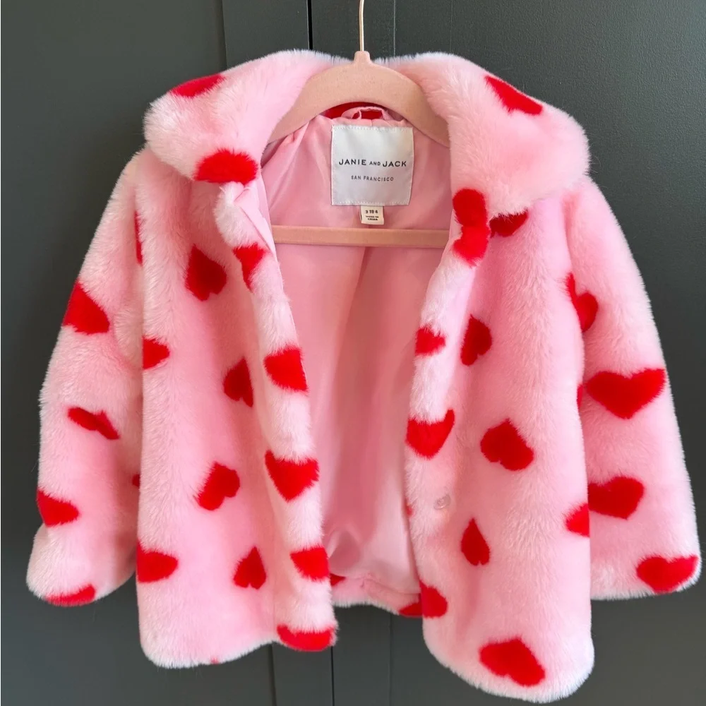 Janie and Jack | Pink and Red Heart Patterned Faux Fur Coat | 3-4